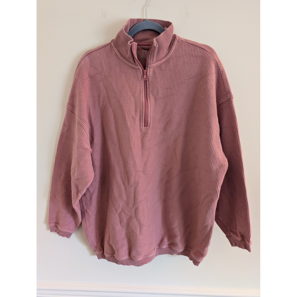 Aerie Womens Dusty Rose Ribbed Quarter Zip Pullover Oversized Sweatshirt Medium